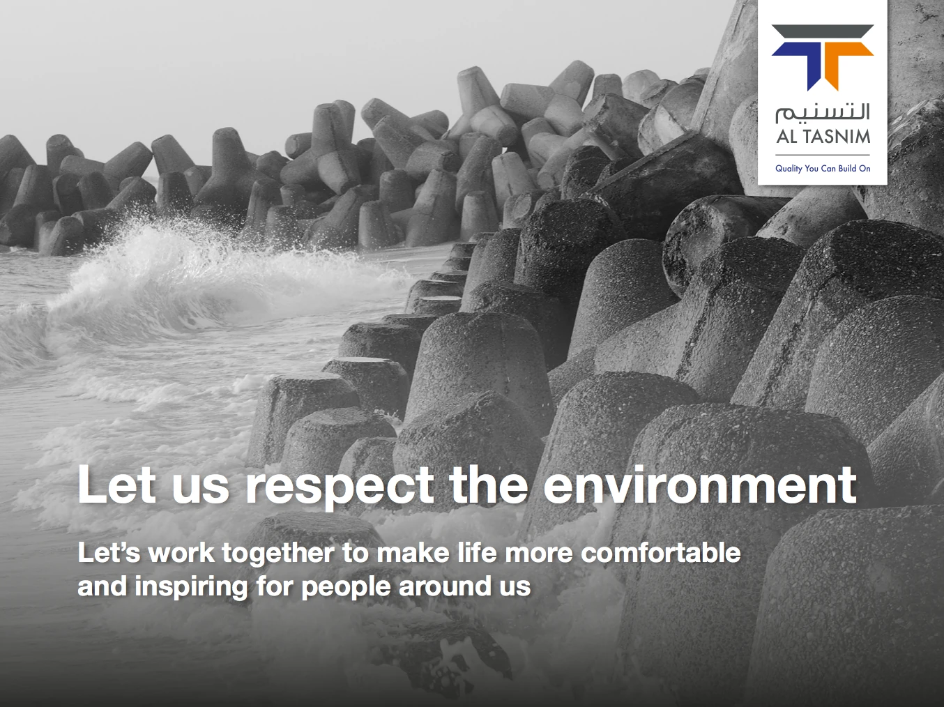 Al Tasnim advertising creative — coastal 'Let us respect the environment' execution