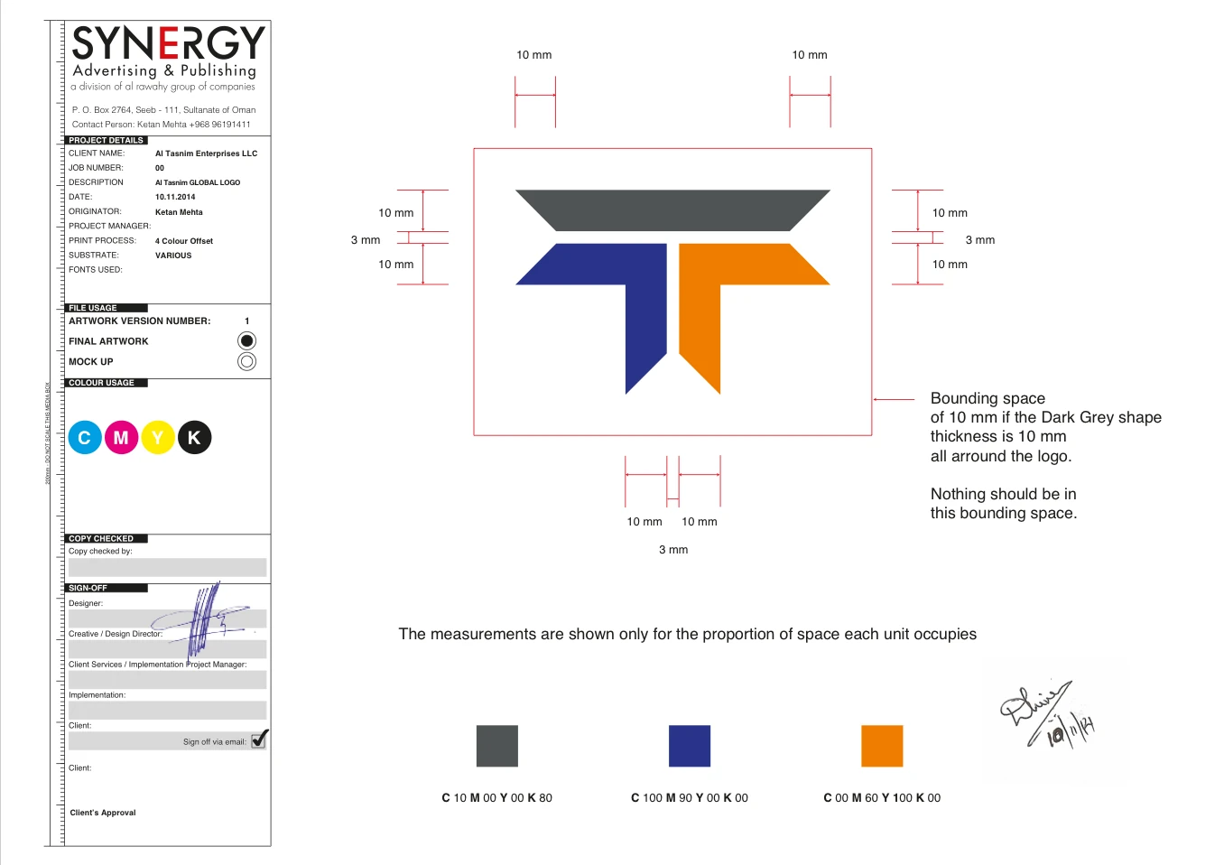 Al Tasnim logo construction and colour specification
