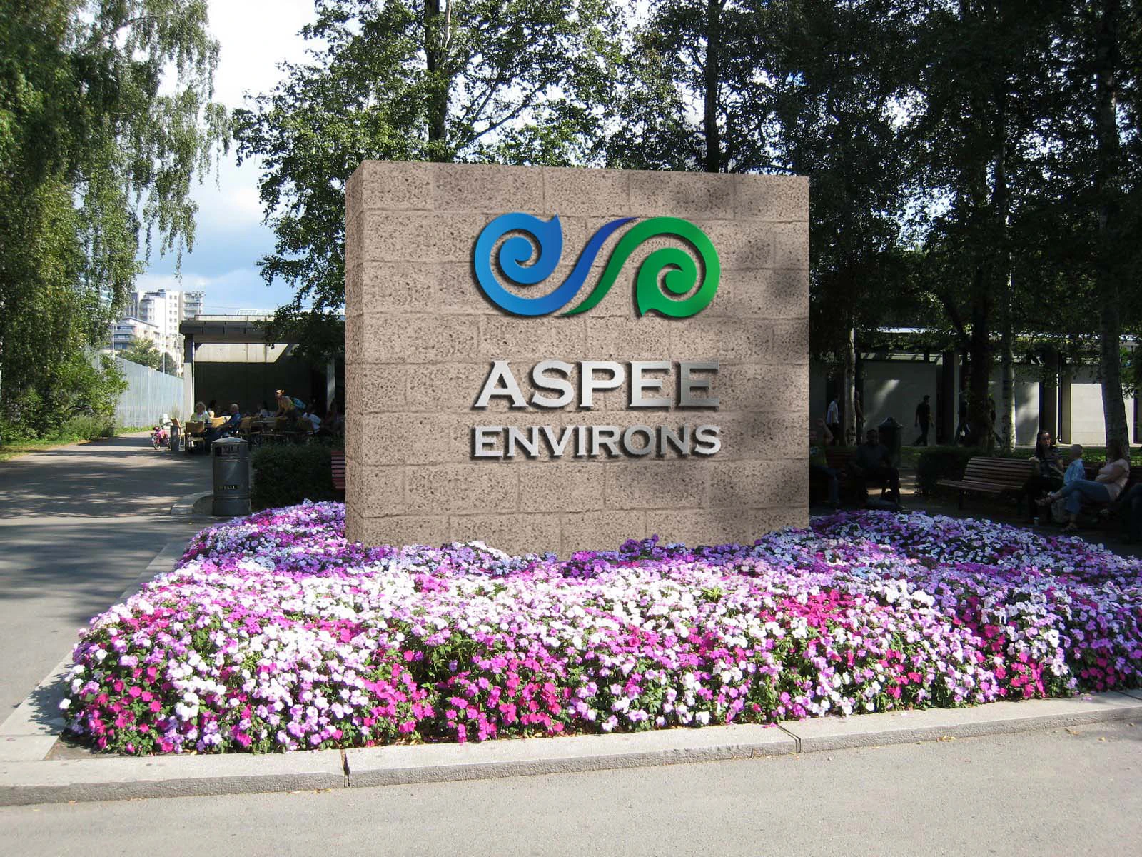 Aspee Environs entrance monument with the brand mark