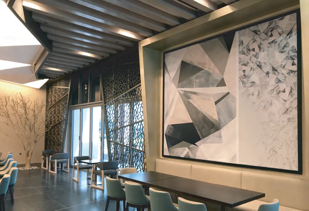 Large-scale digital art composition in The Kitchen restaurant