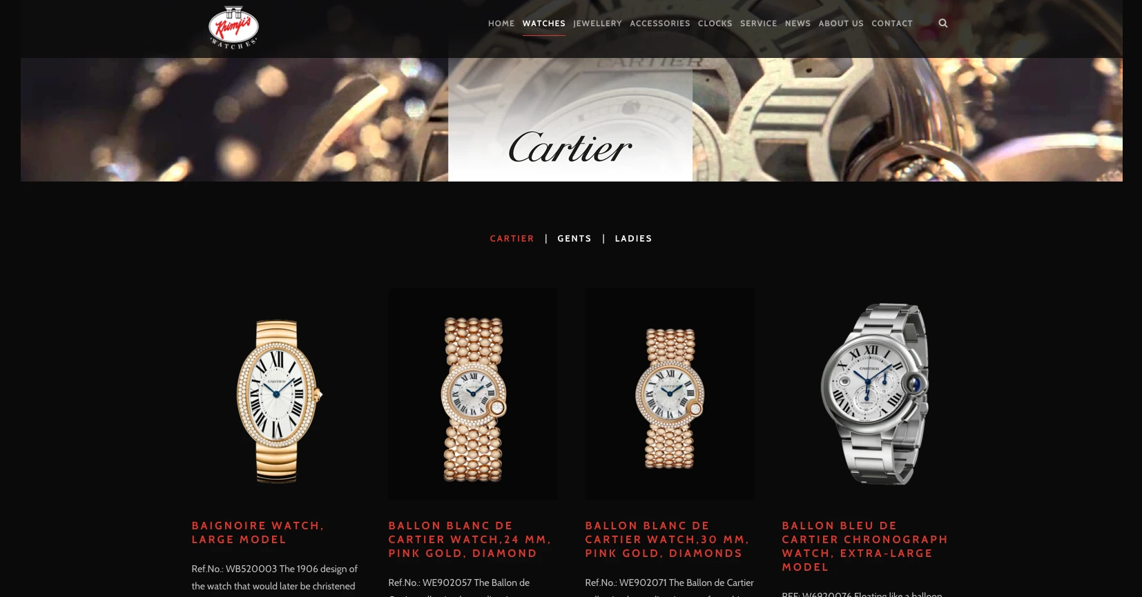 Khimji's Watches website, Cartier brand page