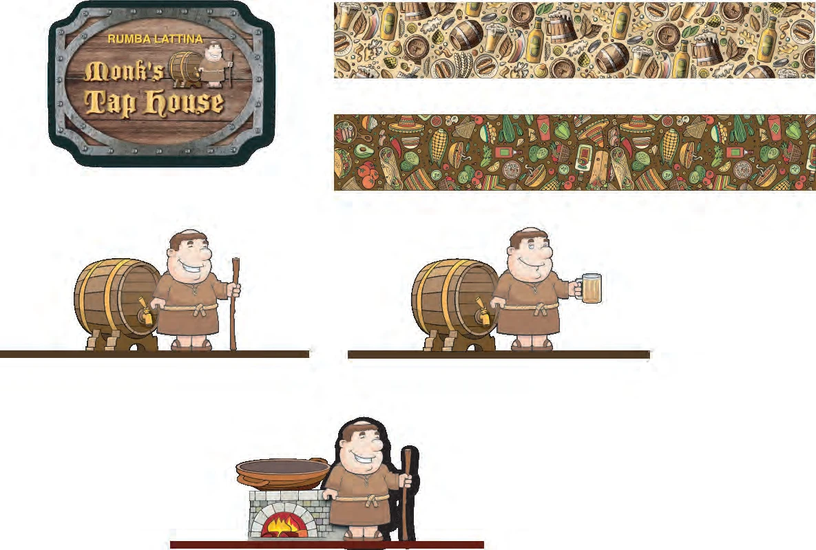 Monk's Tap House logo, monk character, and signage