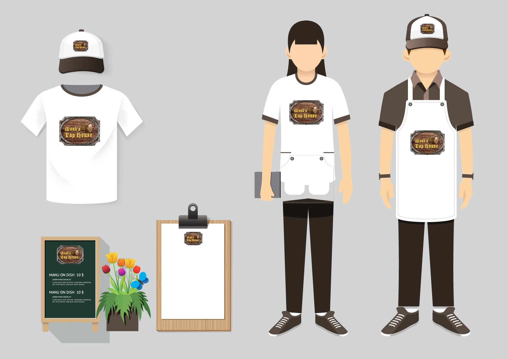 Branded staff uniforms and menu board for Monk's Tap House